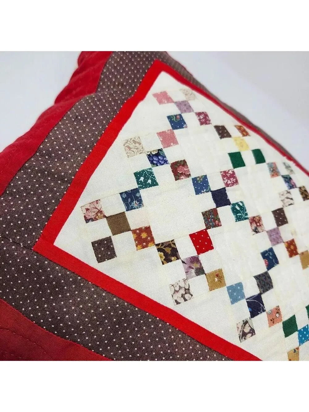 Handmade Pieced Pillow Hand Quilted Tiny 1/4 Inch Piecing 9x11 Inches